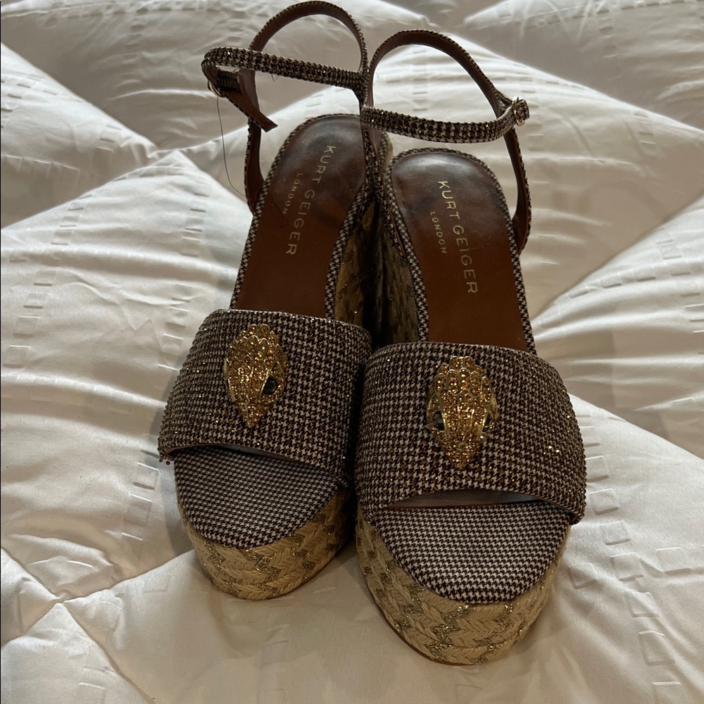 Kurt Geiger Brown and Gold Platform Sandals